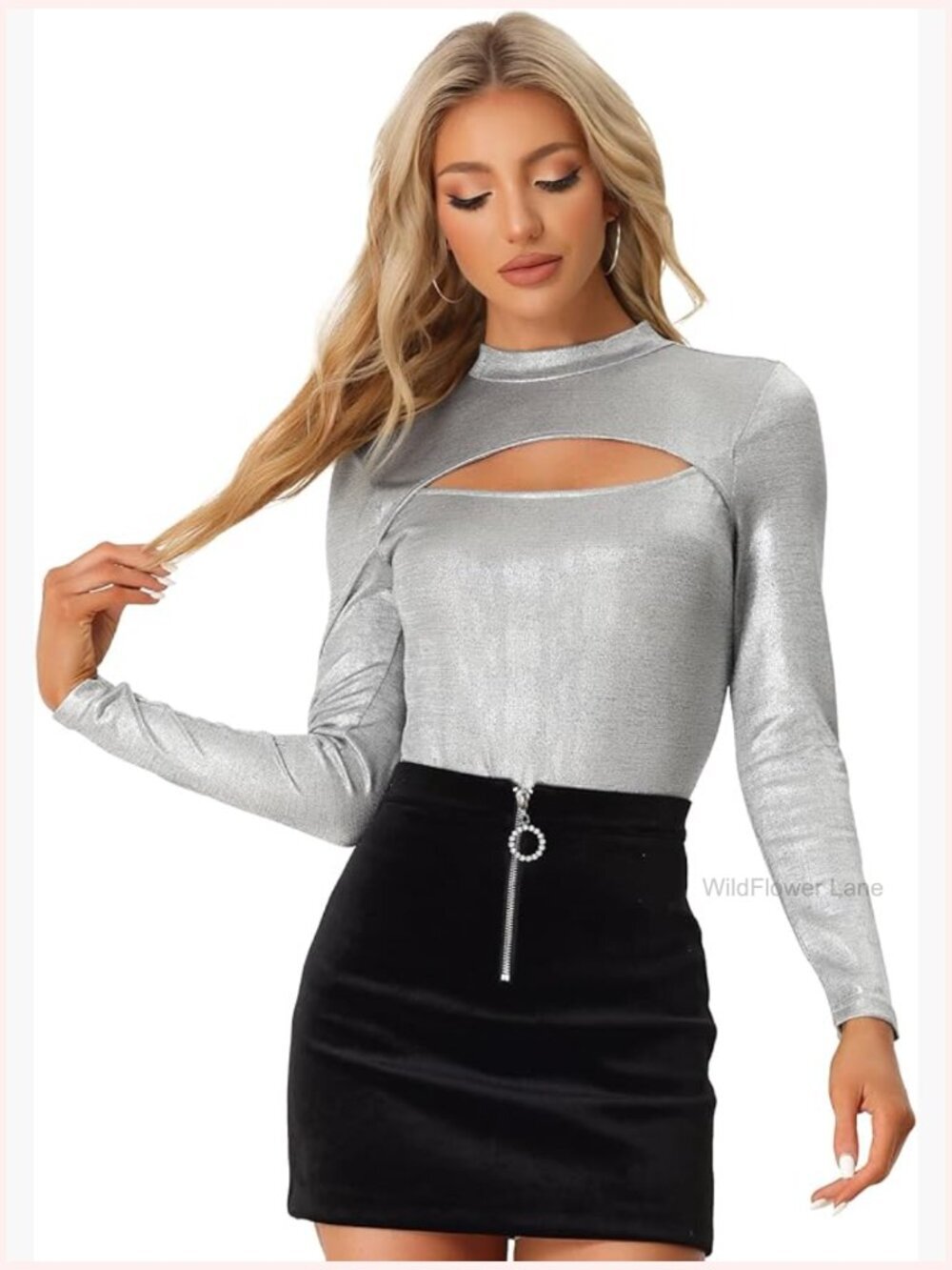 Women's Glitter Mock Neck Long Sleeve Cutout Top Blouse Tee Shirt Party